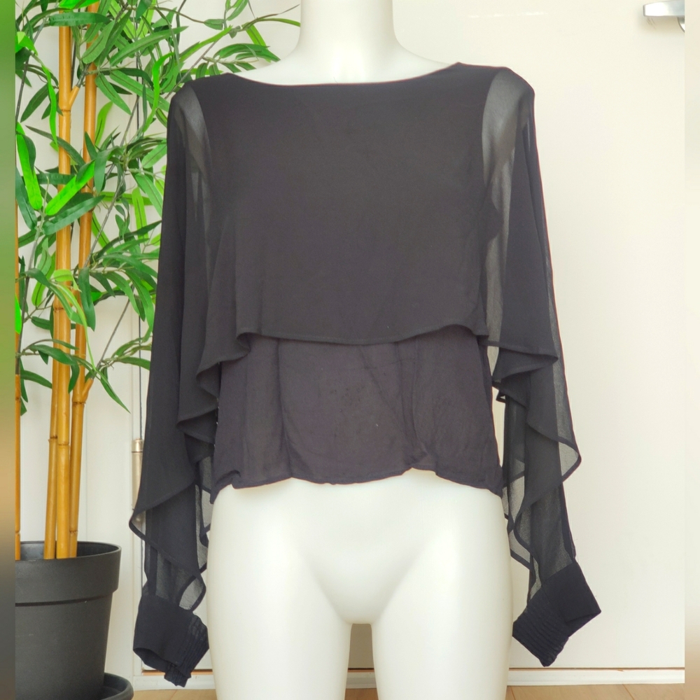 Sheer Black Open Flutter Sleeve Blouse